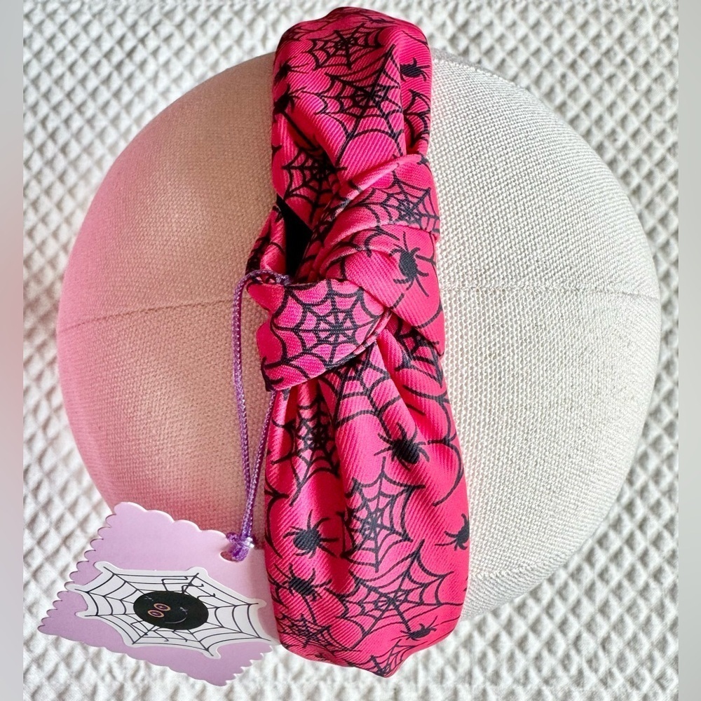New Halloween Pink & Black Spiders & Webs Fabric Adult Size Knotted Headband - Picture 5 of 7